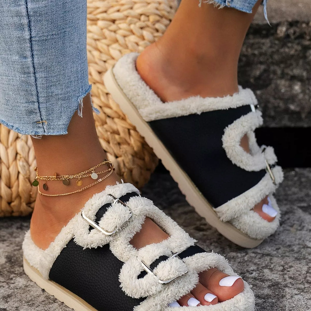 Buckle Decor Plush Lined Platform Slippers