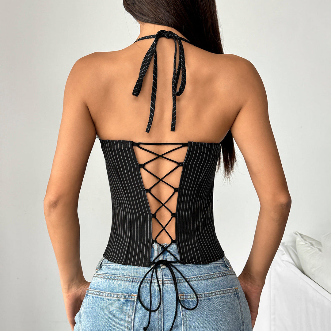 Womens Striped Patchwork Contrast Color BustierTube Top