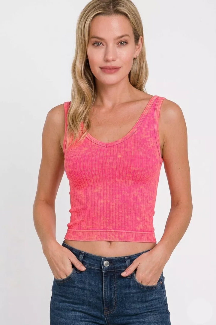 Zenana Washed Ribbed Seamless Cropped V-neck Tank Top