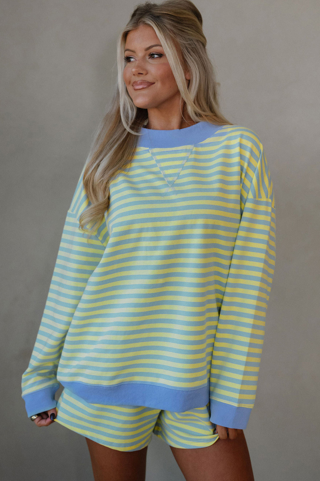 Yellow Stripe Color Block Detail Long Sleeve Pullover Elastic Waist Pull On Shorts 2pcs Set