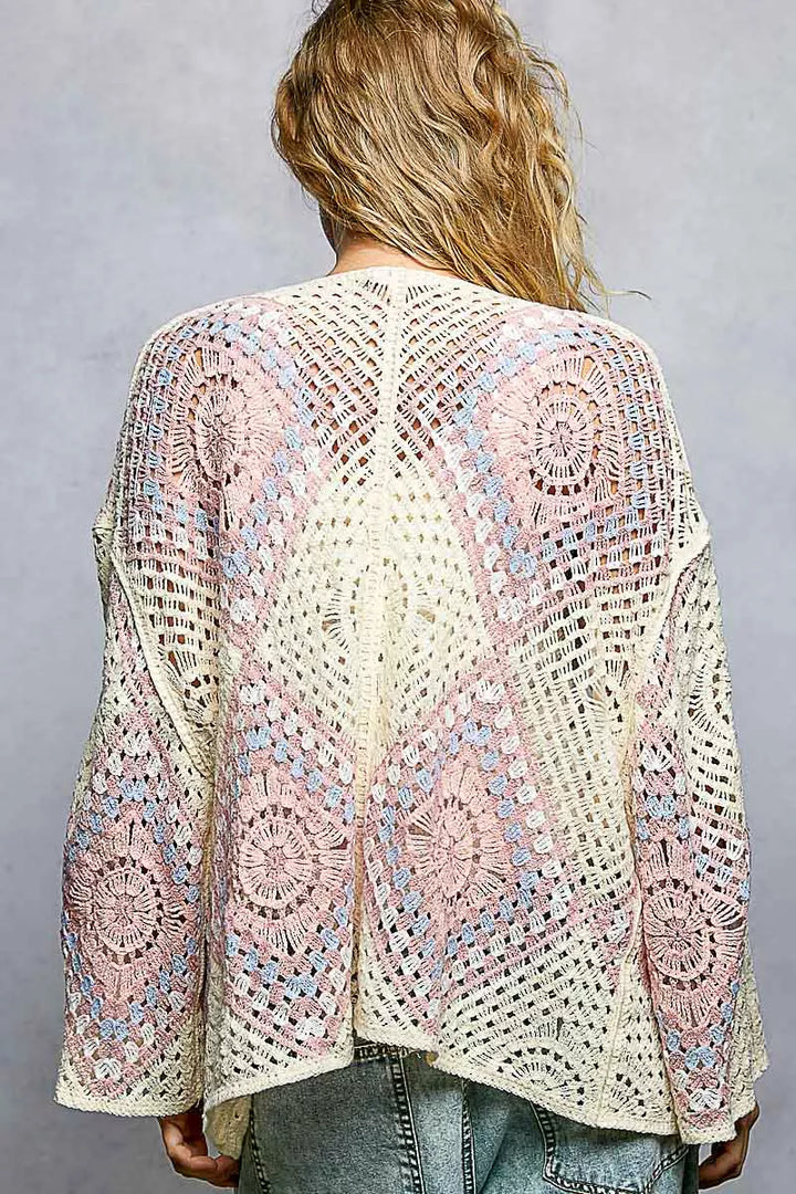 POL Open Front Crochet Cardigan with Granny Square Pattern