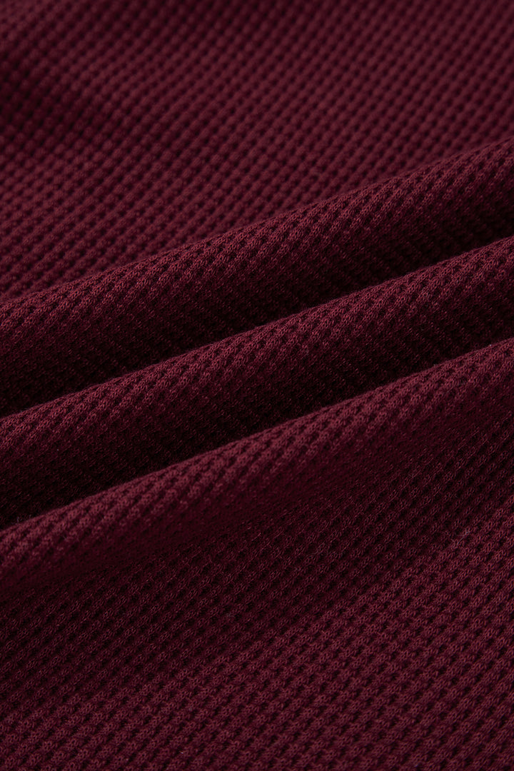 Burgundy Waffle Splicing Zip Up Front Button Hooded Jacket
