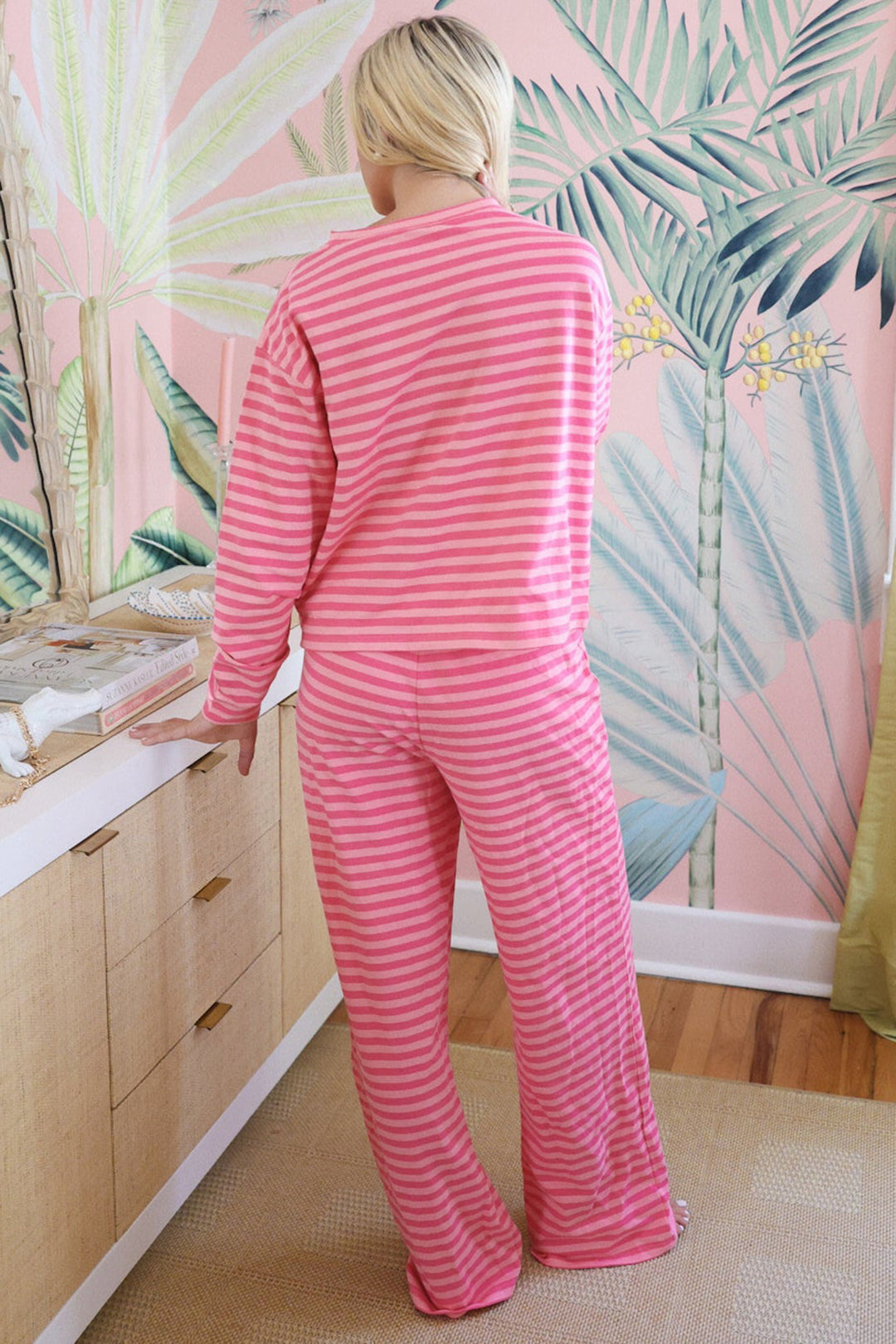 Rose Stripe Drop Shoulder Round Neck Top and Buttoned Straight Pants Two Piece Set