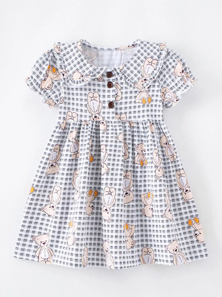Children's Gingham Teddy Bear Print Peter Pan Collar Dress