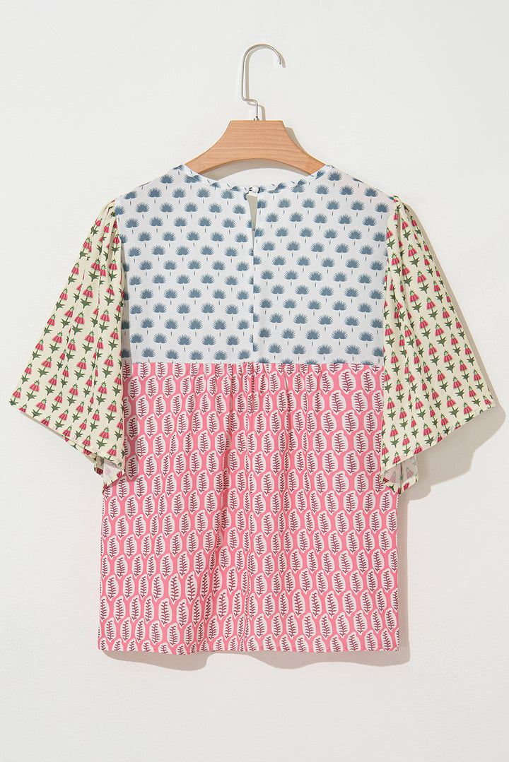 Red Floral Colorblock Flutter Cape Style Sleeves Blouse