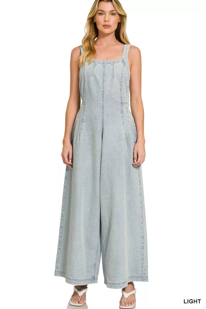 Zenana Denim Light Washed Wide Leg Overalls