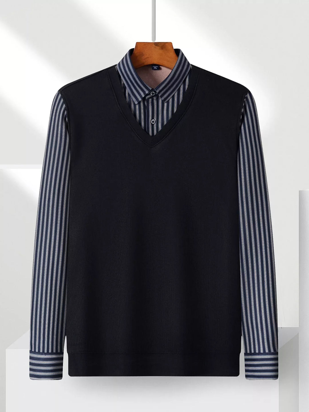 Men's Plus Size Striped Long Sleeve Fake Two-Piece Knit Top