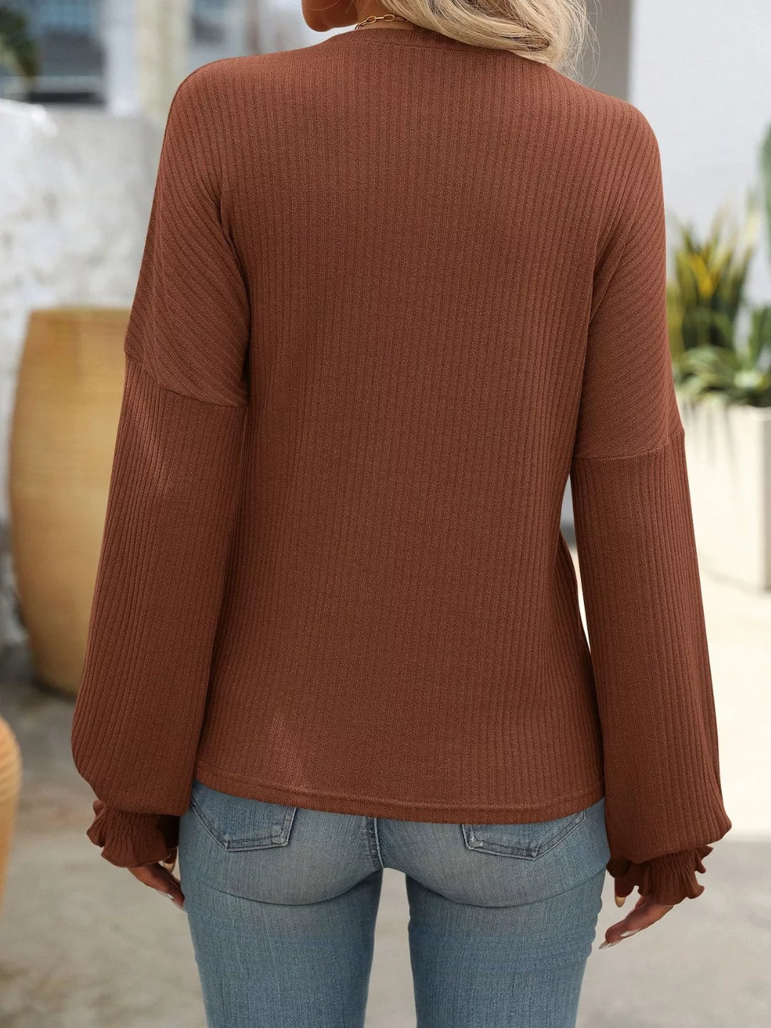 Ribbed Knit Ruffle Cuff T-Shirt