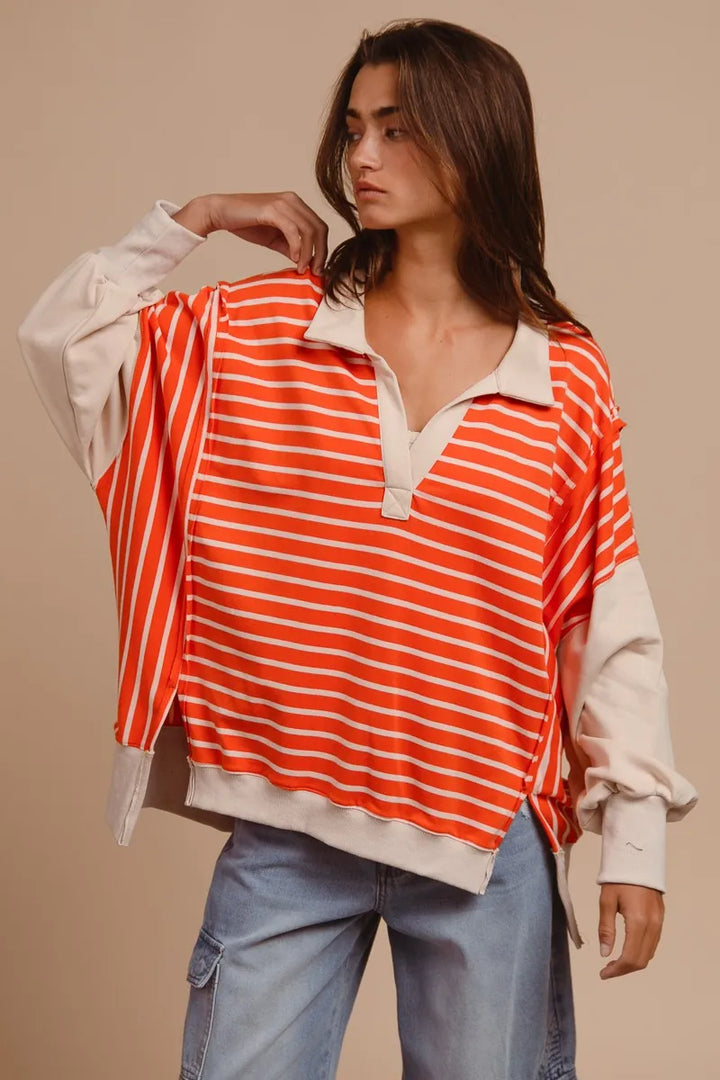 BiBi Stripe Knit Loose Fit Top With Cut Edge Detail