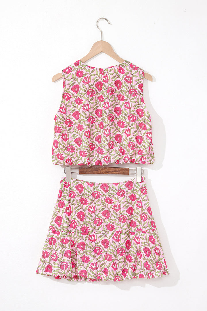 Pink Floral Print Puffy Cropped Tank and Mini Skirt Set