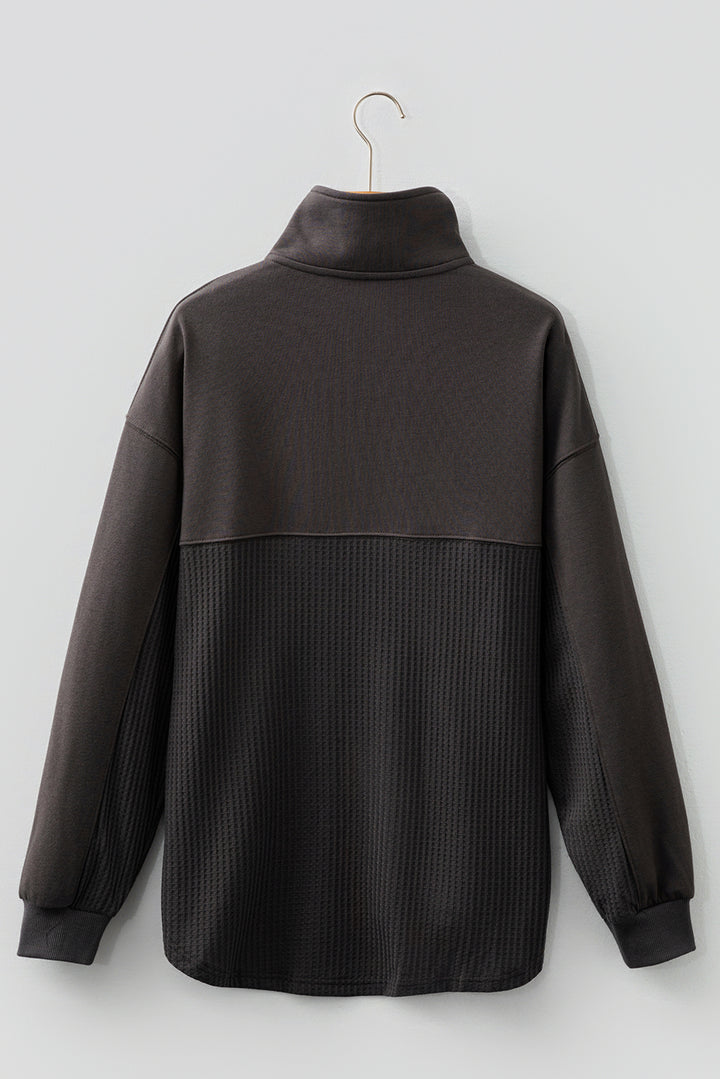 Carbon Grey Waffle Knit Patchwork Half Zipped Casual Sweatshirt