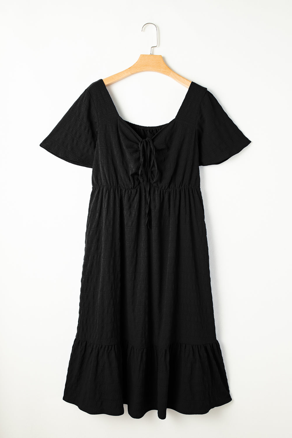 Black Plus Size Short Sleeve Lace-up High Waist Midi Dress