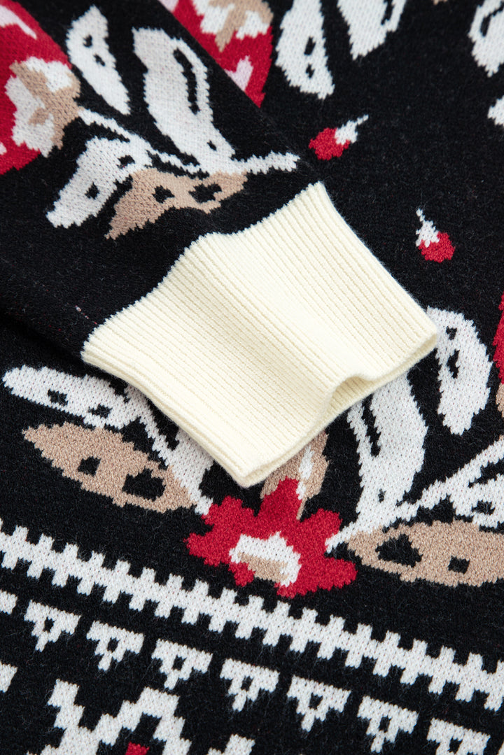 Black Floral Print Buttoned Front V Neck Knit Cardigan