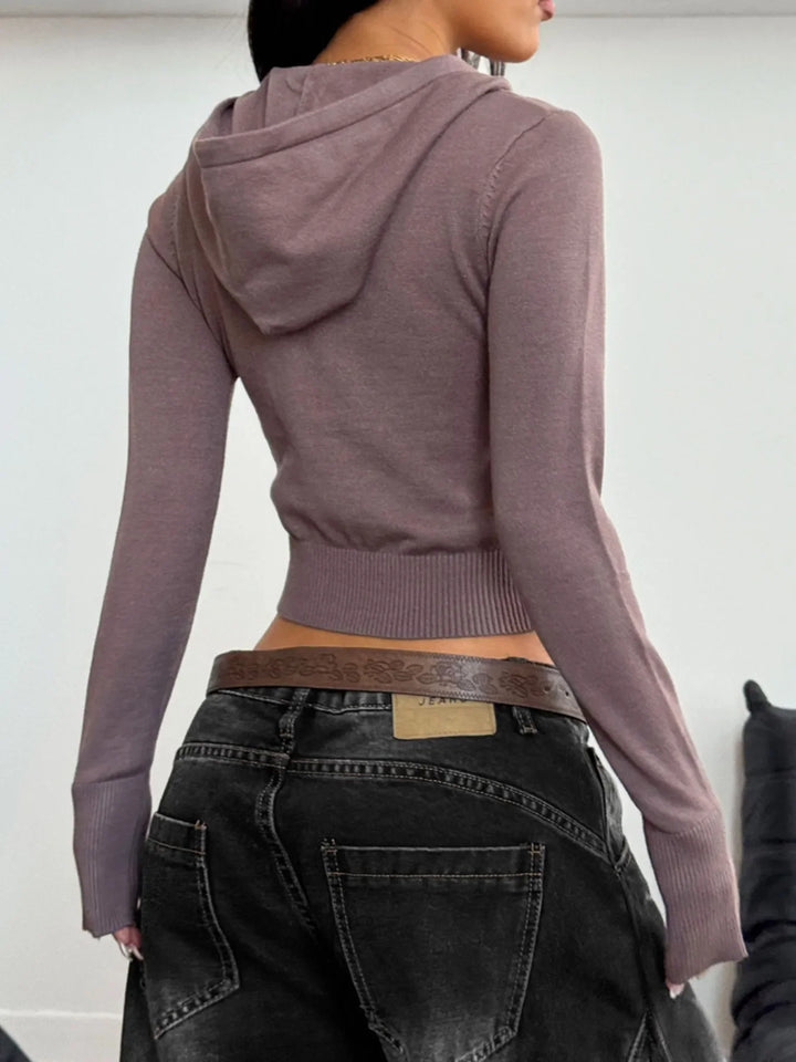 Drawstring Zip-Up Hooded Cardigan