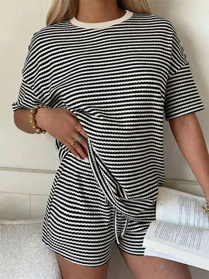 Striped Round Neck Tee and Shorts Set