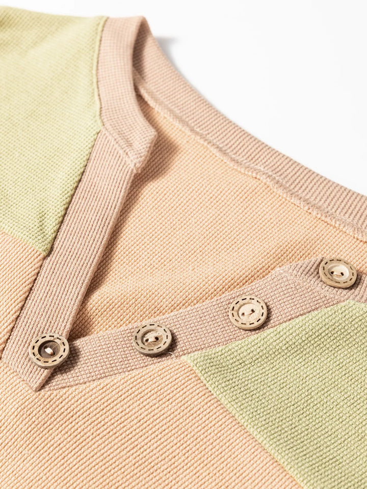 Color Block Thermal Textured Knit Drop Shoulder Henley Top