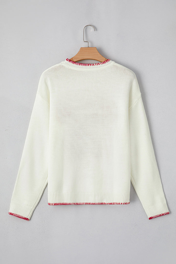 白色蝴蝶結圖案撞色裝飾聖誕寬鬆圖案毛衣