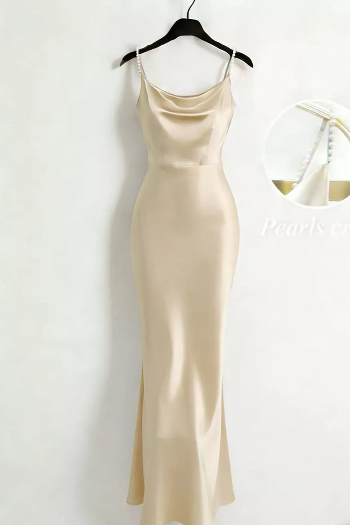 Pearl Strap Cowl Neck Satin Maxi Dress
