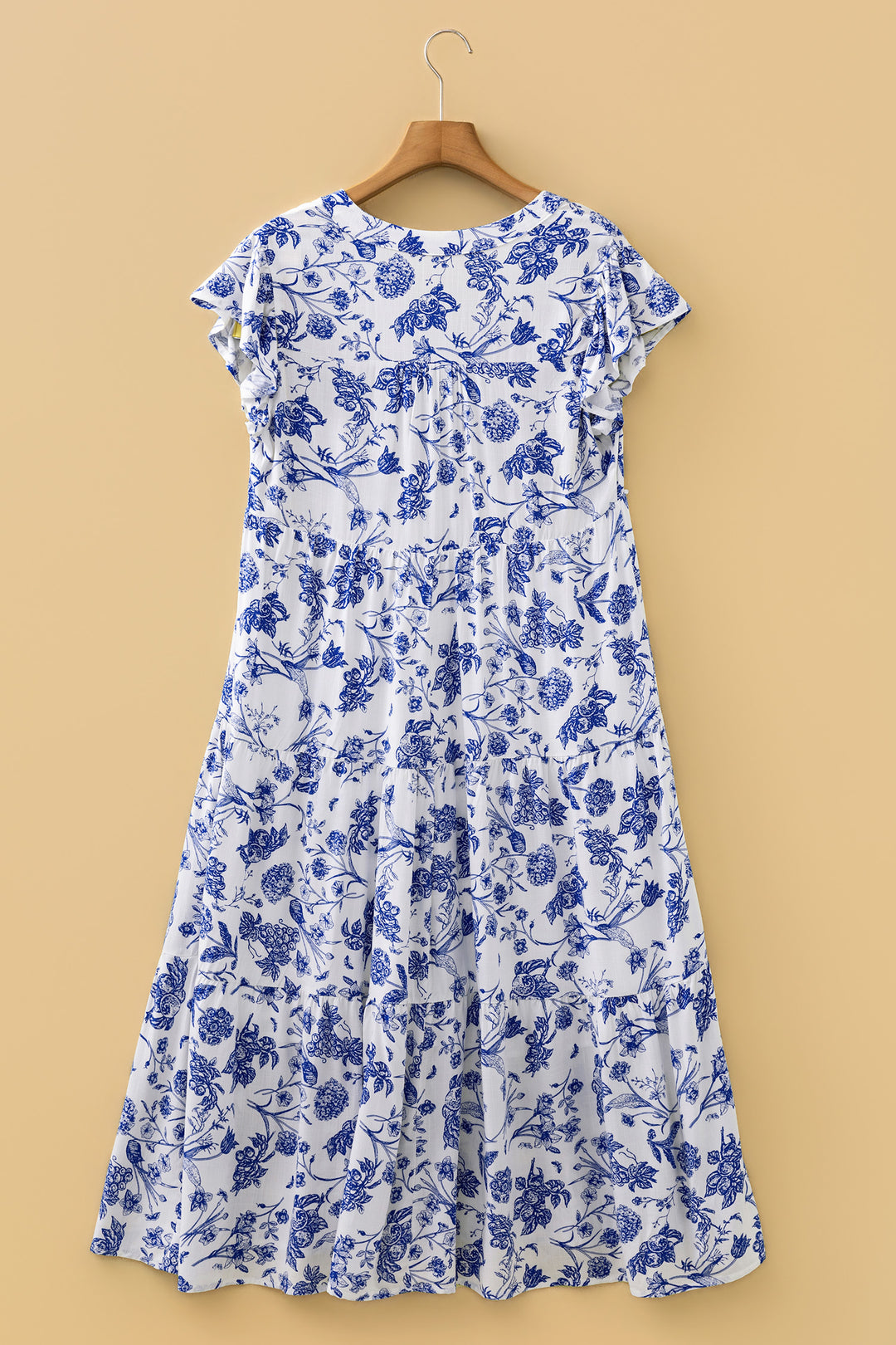 Blue Ruffled Short Sleeve Tiered Floral Midi Dress