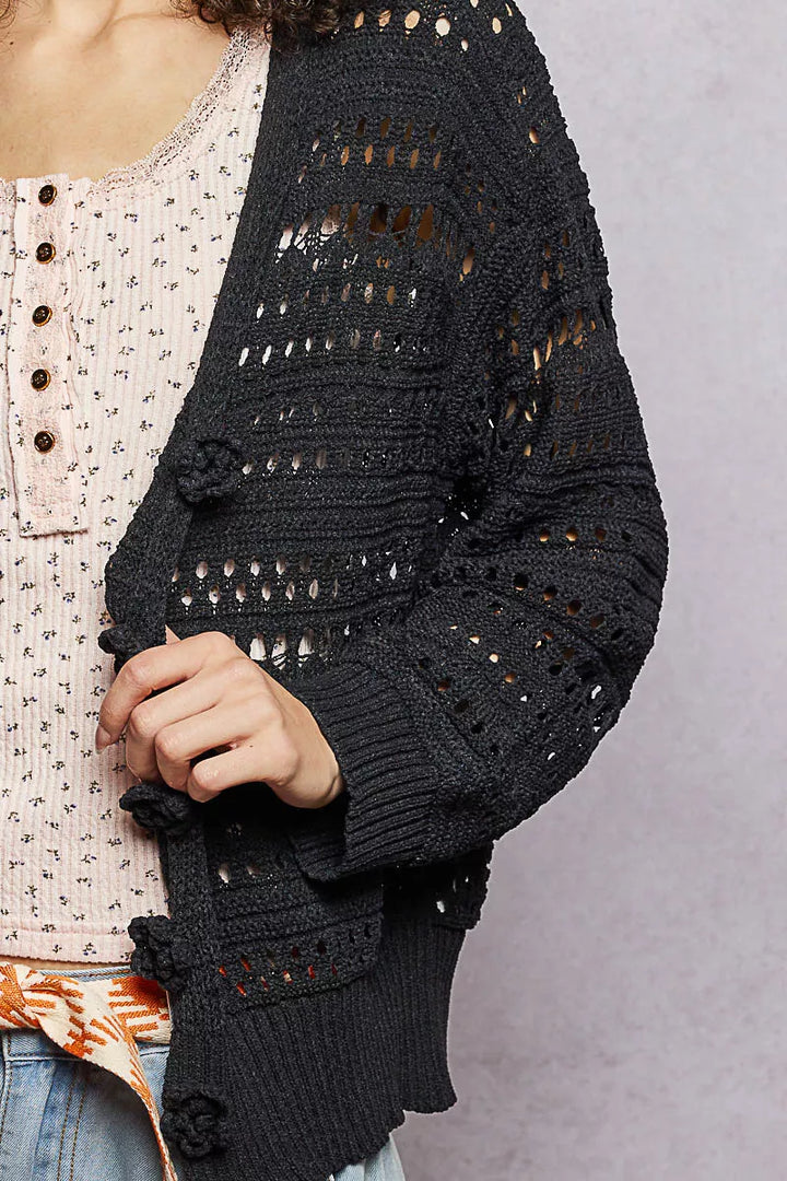 POL Open-Knit Floral Button Cardigan