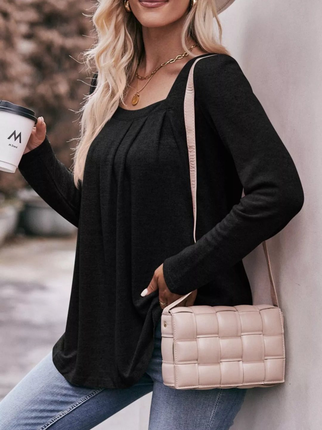 Pleated Square Neck Long Sleeve T-Shirt
