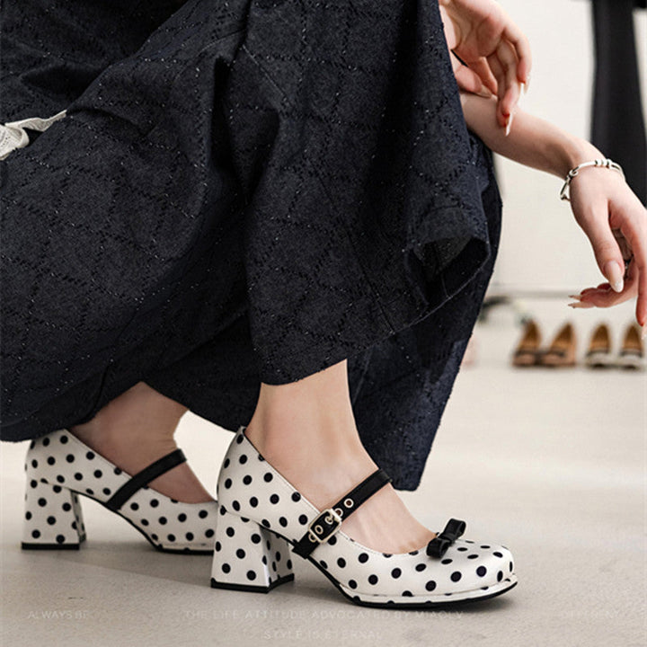 Fashionable Polka Dot Bow Mary Jane Shoes For Women In Spring, Sweet And Stylish, Thick Soled, Thick Heel, Single Button Small Fragrant High Heels