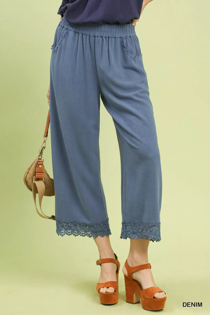 Umgee Linen Wide Leg Cropped Pants with Lace Trim
