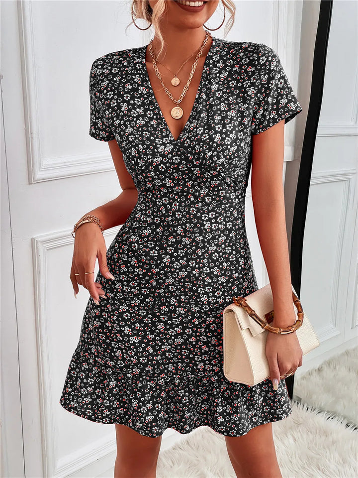 Printed Ruffled Hem V-Neck Short Sleeve Mini Dress