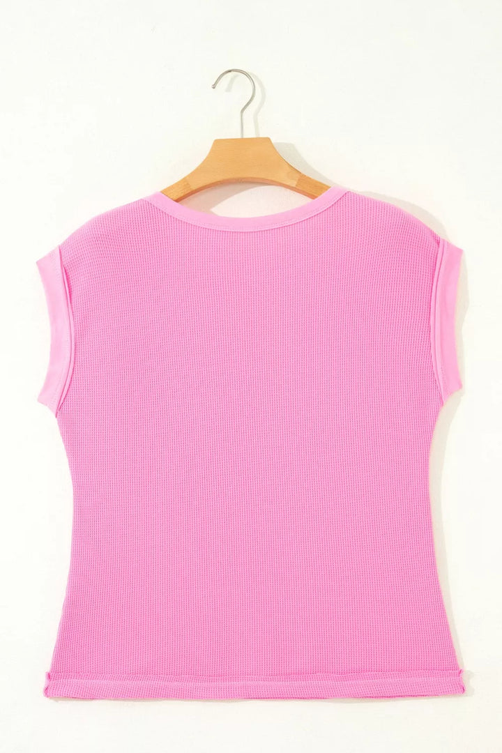 Solid Color Raw Seam Waffled Patchwork Casual T Shirt
