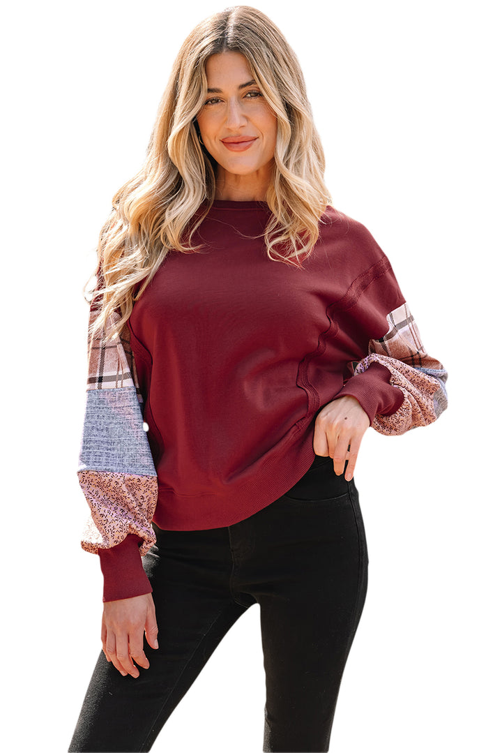 Red Sandalwood Plaid Colorblock Patchwork Sleeve Raw Seam Sweatshirt