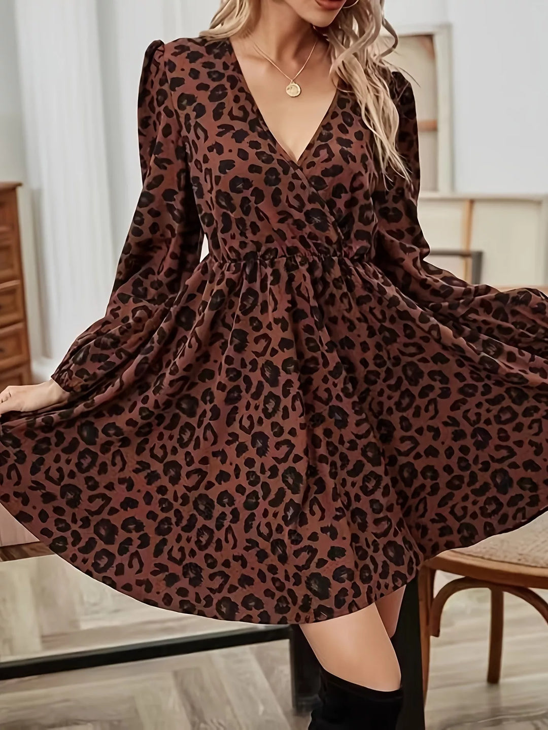 Leopard Print V-Neck Long Sleeve Mini Dress