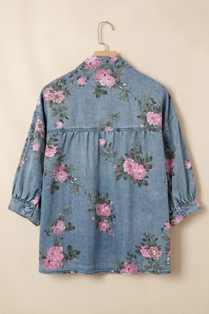 Floral Print Button Up Denim Shirt