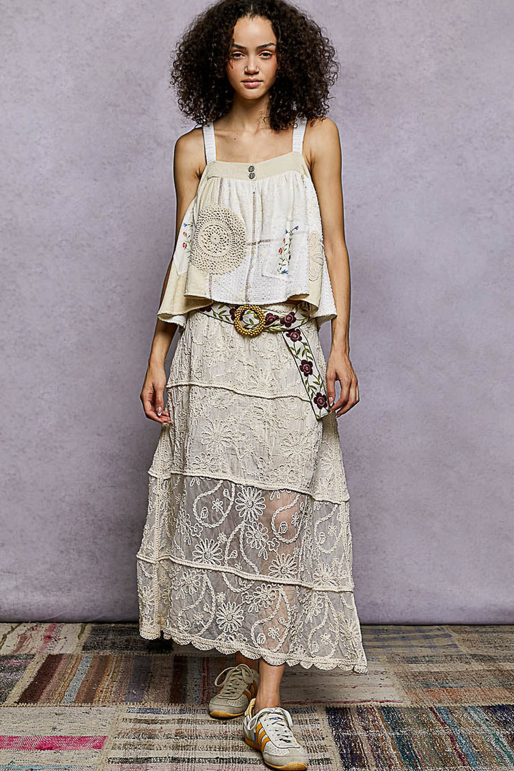 POL Floral Embroidered Tiered Crochet Skirt