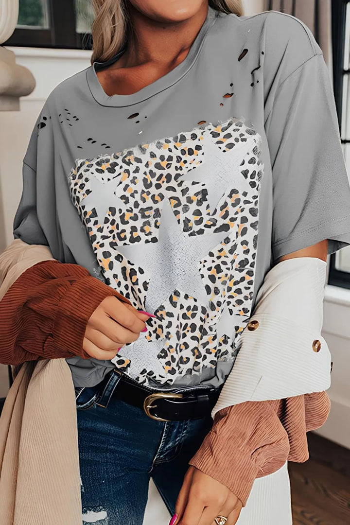 Stars Leopard Graphic Distressed T-Shirt