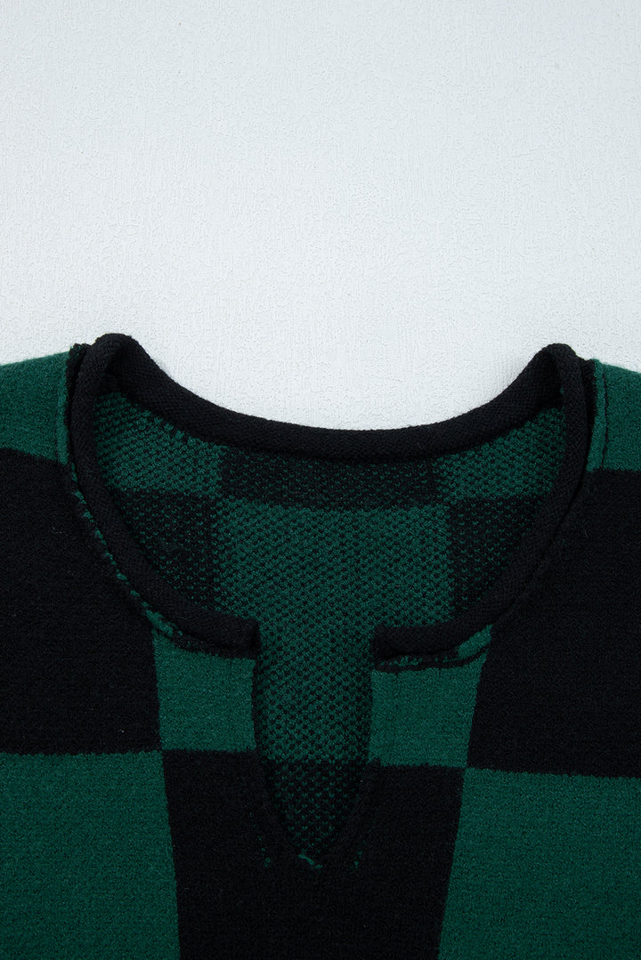 Green Checked Notched Neckline Drop Shoulder Knit Sweater