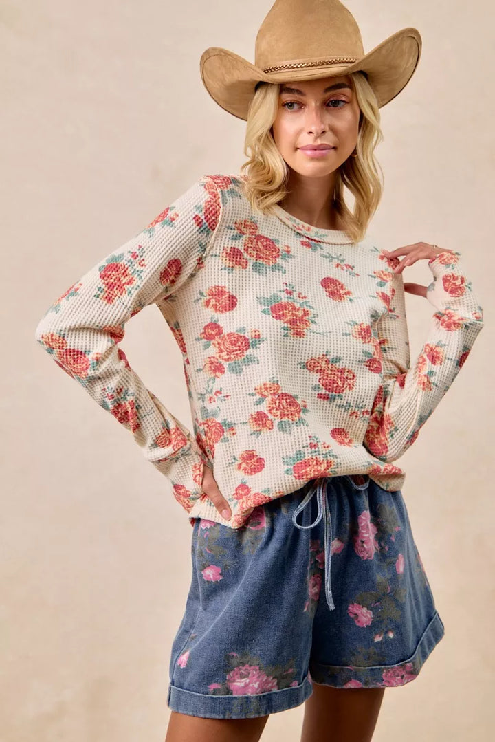 BiBi Floral Print Washed Waffle Thermal Top With Thumb