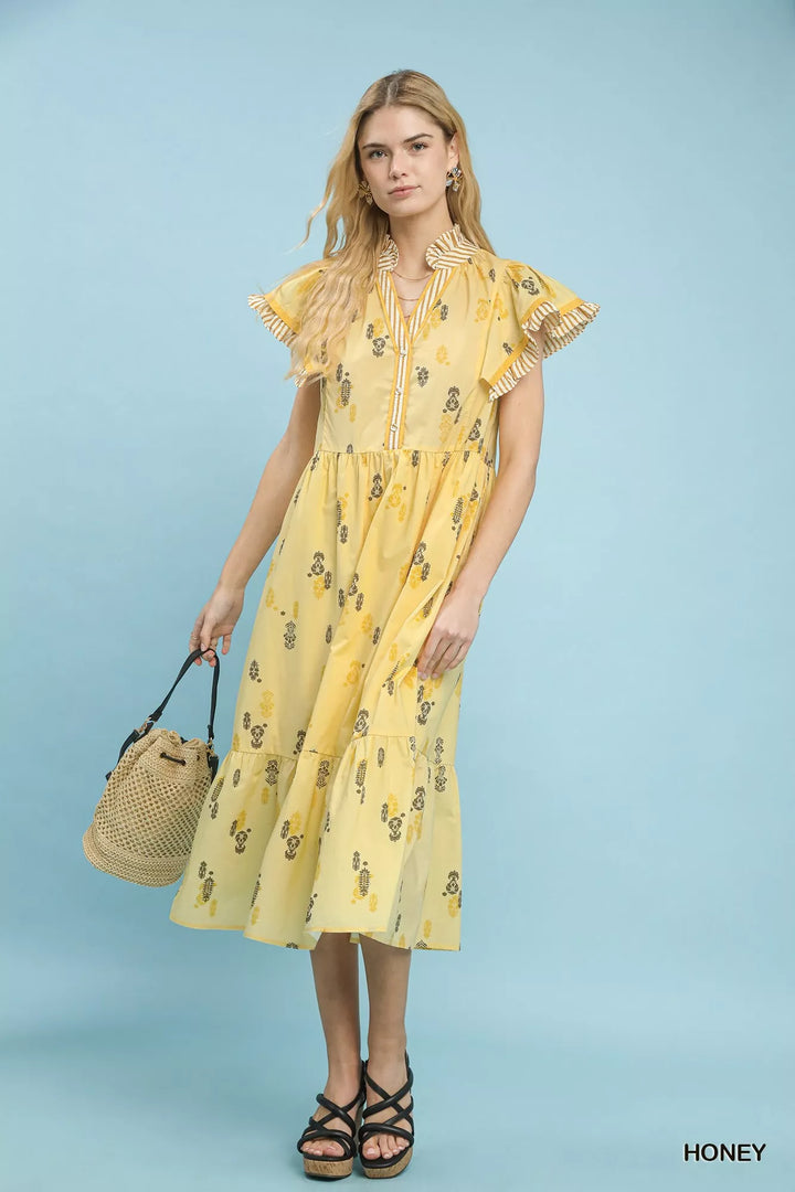 Umgee Floral Ruffle Sleeve Tiered Midi Dress