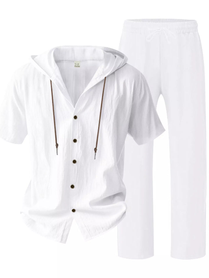 Men's Full Size Button Up Hooded Top and Pants Set Plus Size