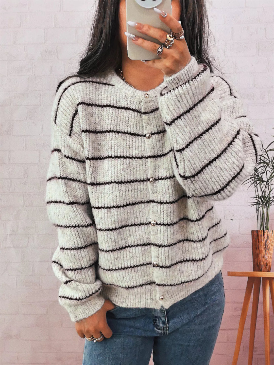 Striped Button Up Long Sleeve Cardigan