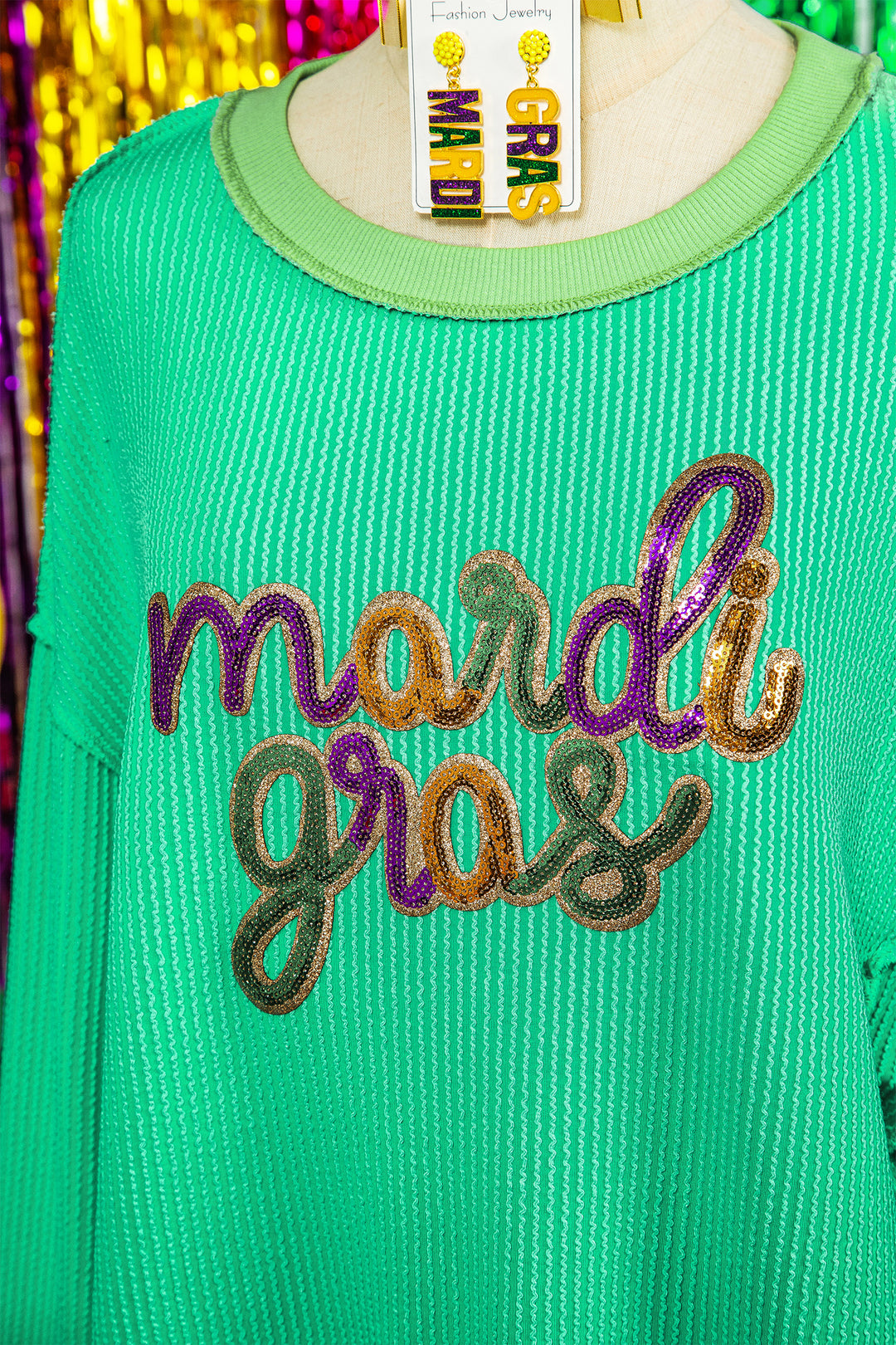 Bright Green Twisted Ribbed mardi gras Sequin Graphic Exposed Seam Patchwork Pullover Top
