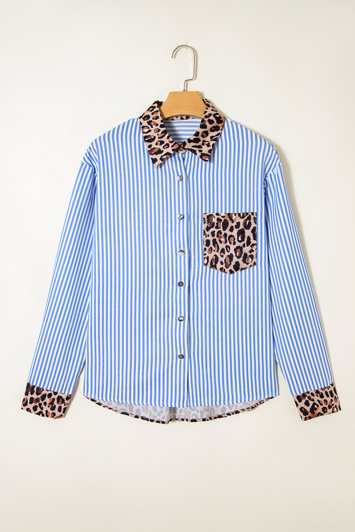 Sky Blue Striped Leopard Print Patchwork Button Up Womens Shirt