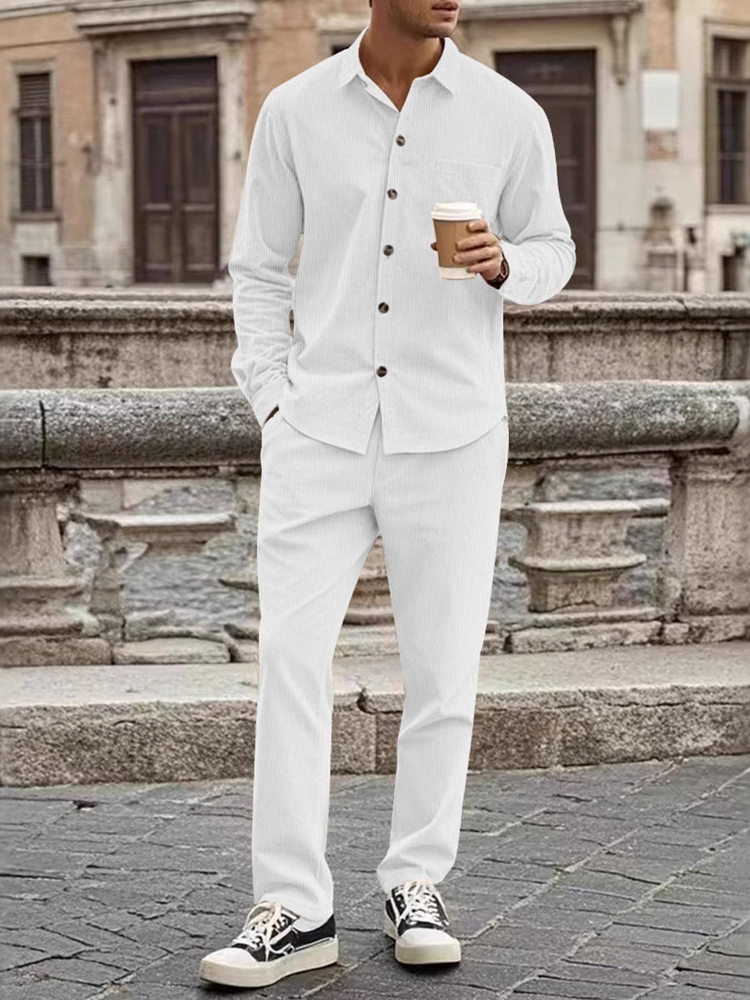 Men's Full Size Button Up Long Sleeve Shirt and Pants Set Plus Size