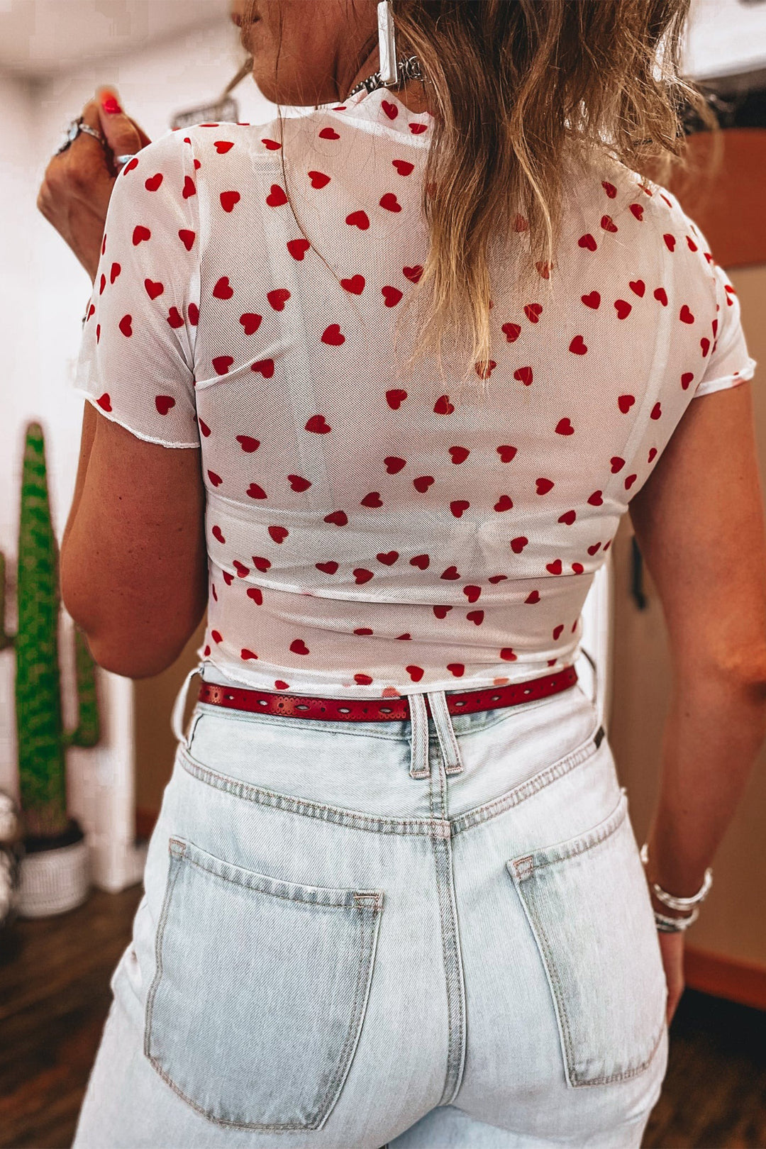 Red Allover Heart Print Mesh Short Sleeve Top