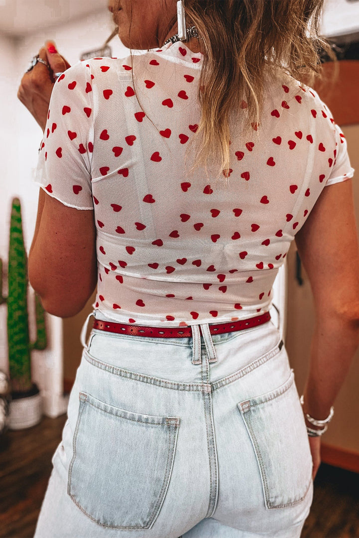 Red Allover Heart Print Mesh Short Sleeve Top