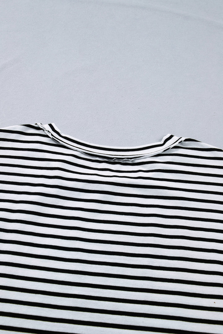 Black Stripe Plus Size Striped Short Sleeve Top with Floral Puff Sleeves