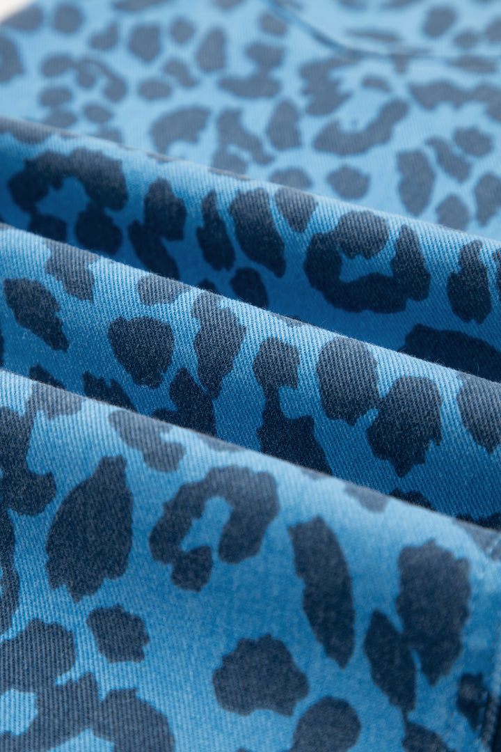 Sky Blue Leopard Denim Frayed Split Denim Midi Skirt