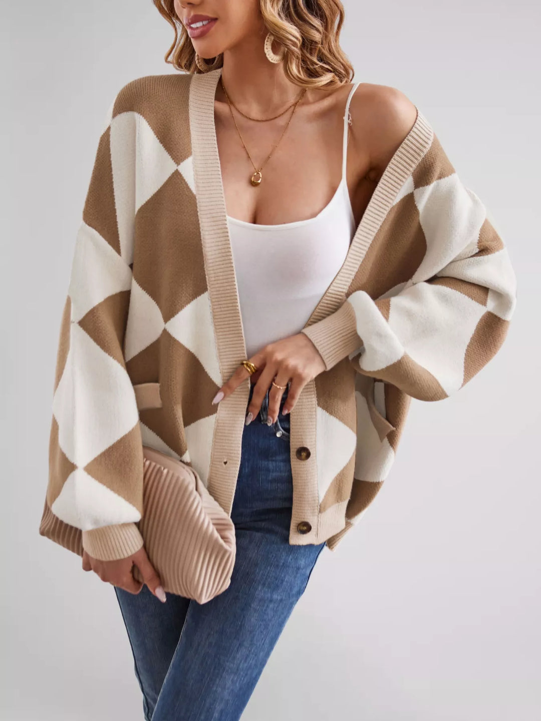 Diamond Pattern Button-Up Knit Cardigan