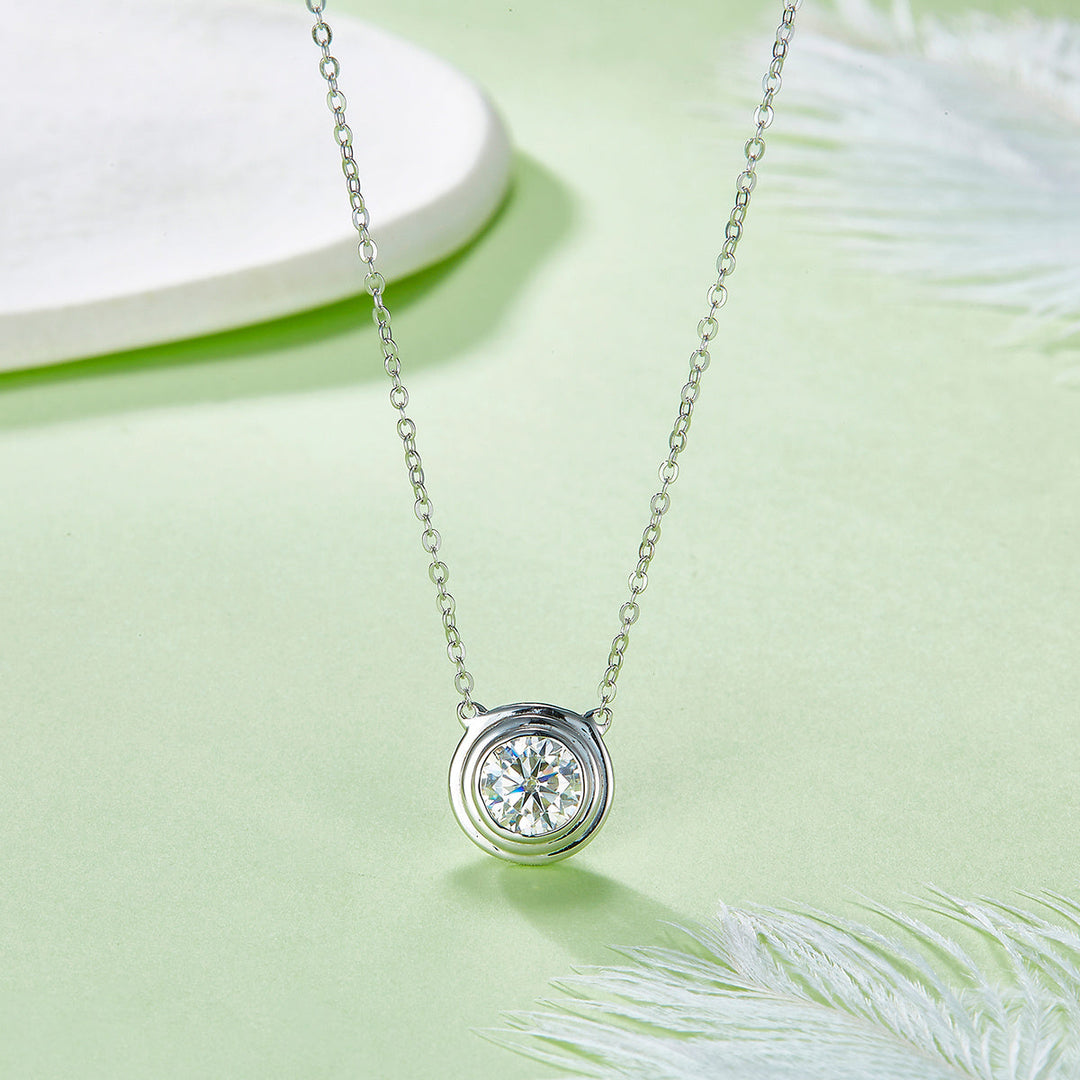 S925 Sterling Silver 1ct Moissanite Necklace, Minimalist Bezel Setting Pendant, Platinum Plated 38.5&42m Chain, Women's Jewelry Gift Box With GRA Certificate