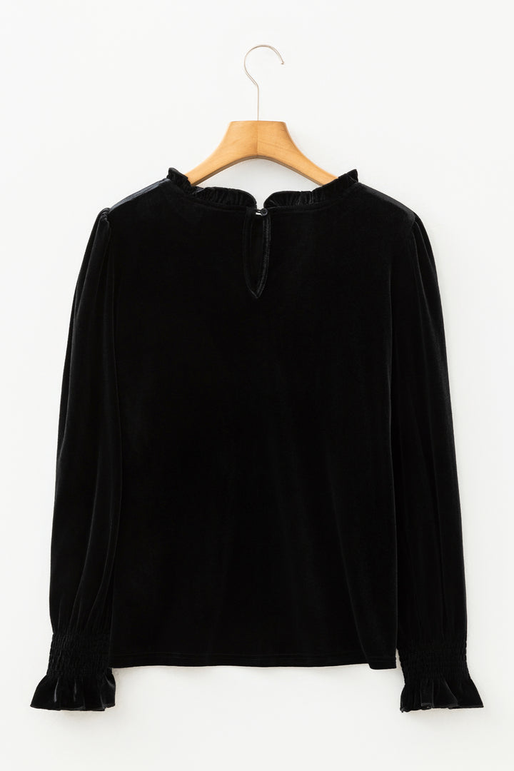 Black Frilled Collared Smocked Cuffs Puff Sleeve Velvet Blouse