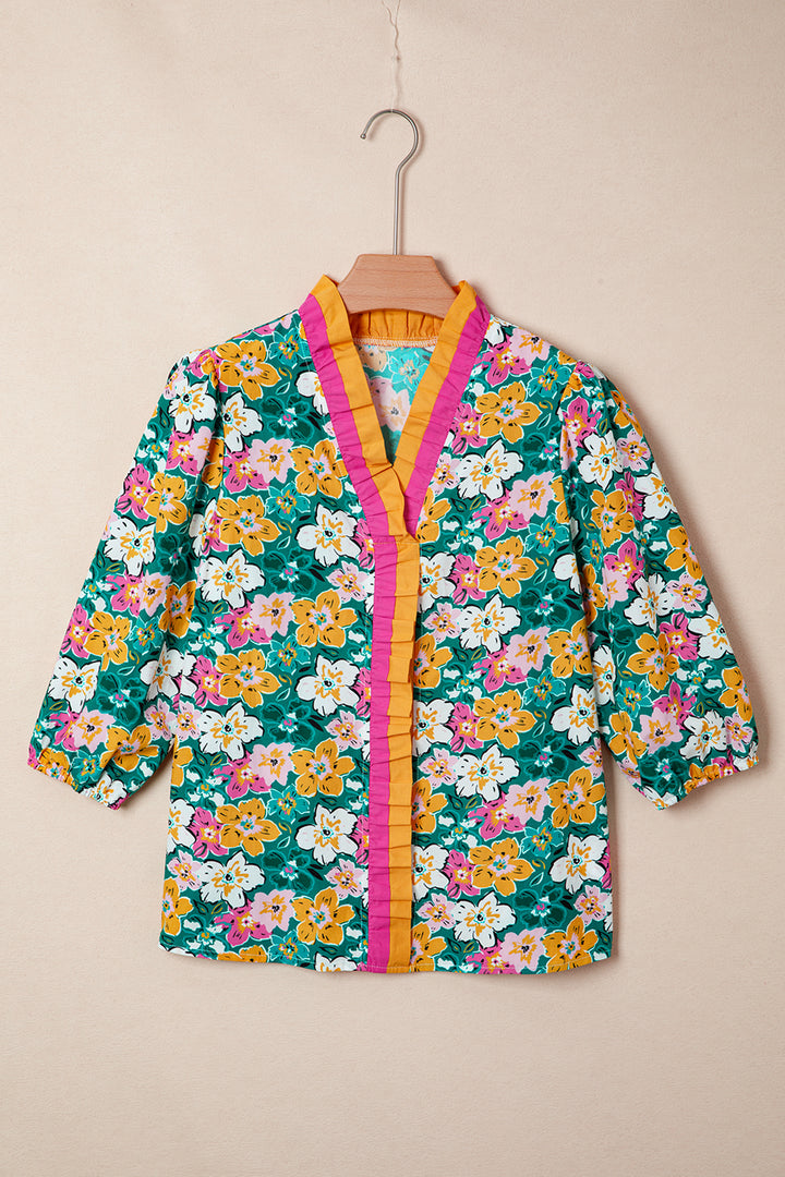 Green Floral Print Contrast Trim Frilled V Neck 3/4 Sleeve Blouse